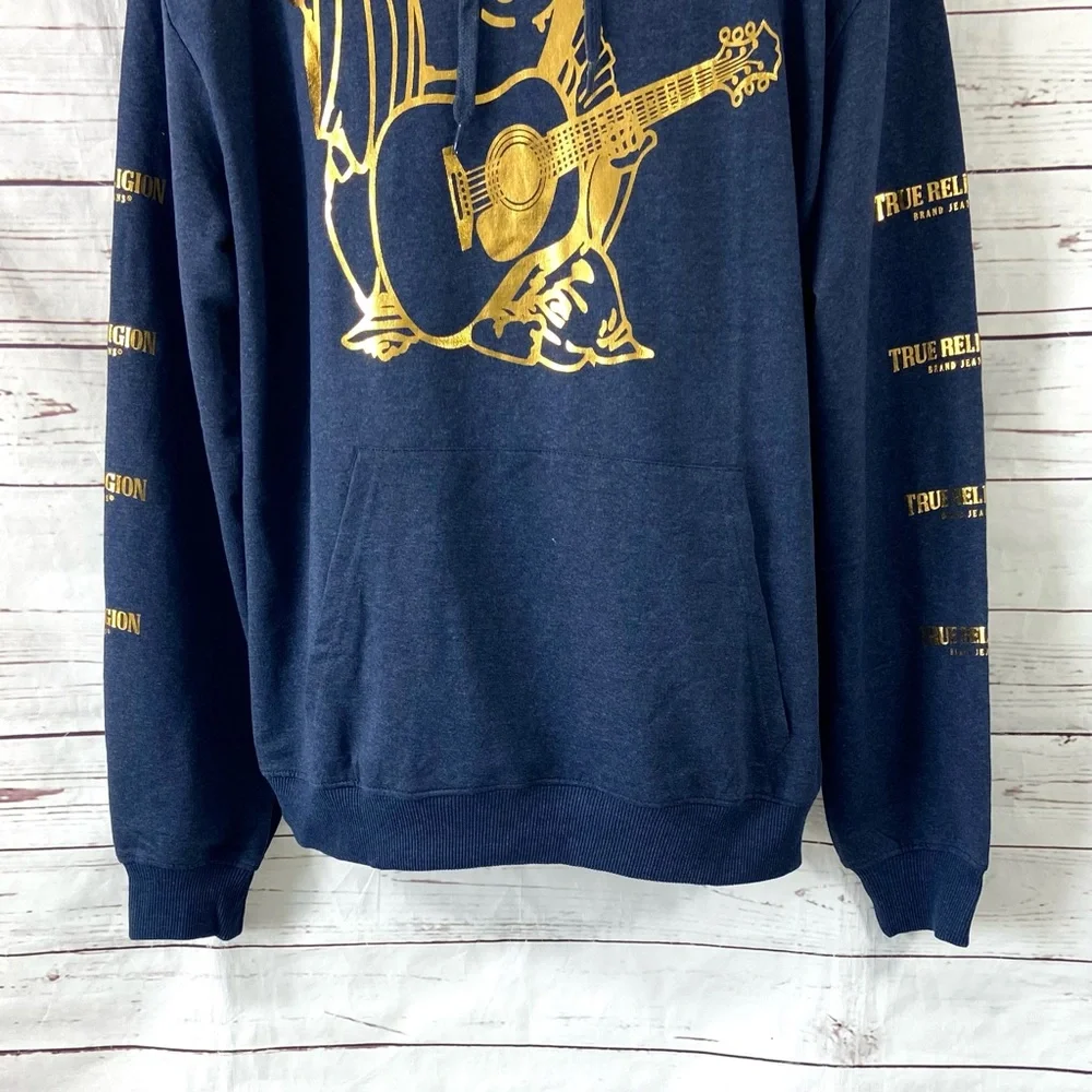 True Religion Hoodie Men’s XL Blue/Gold Logo Long Sleeve Graphic Print‎